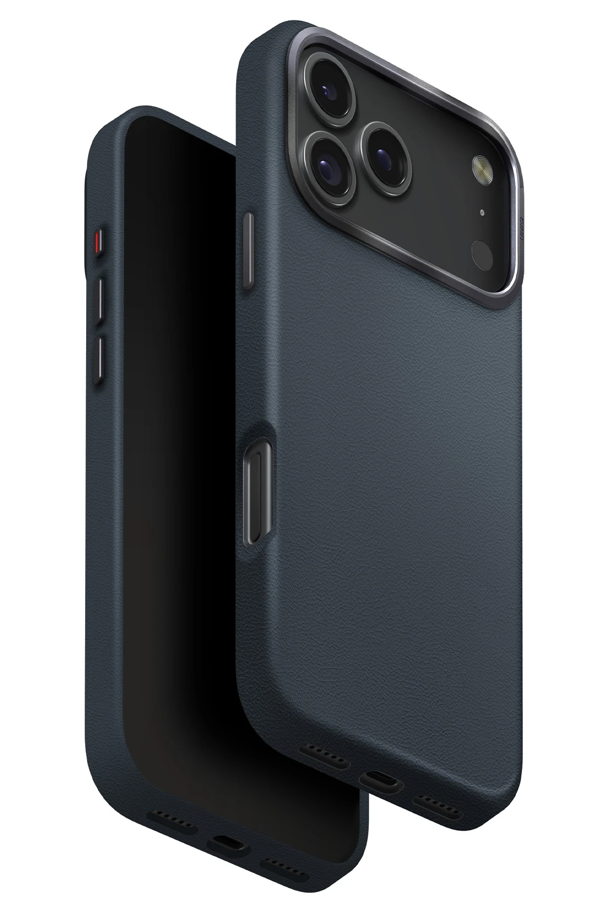 Üç kamera lensli ve metal çerçeveli lacivert telefon kılıfı.