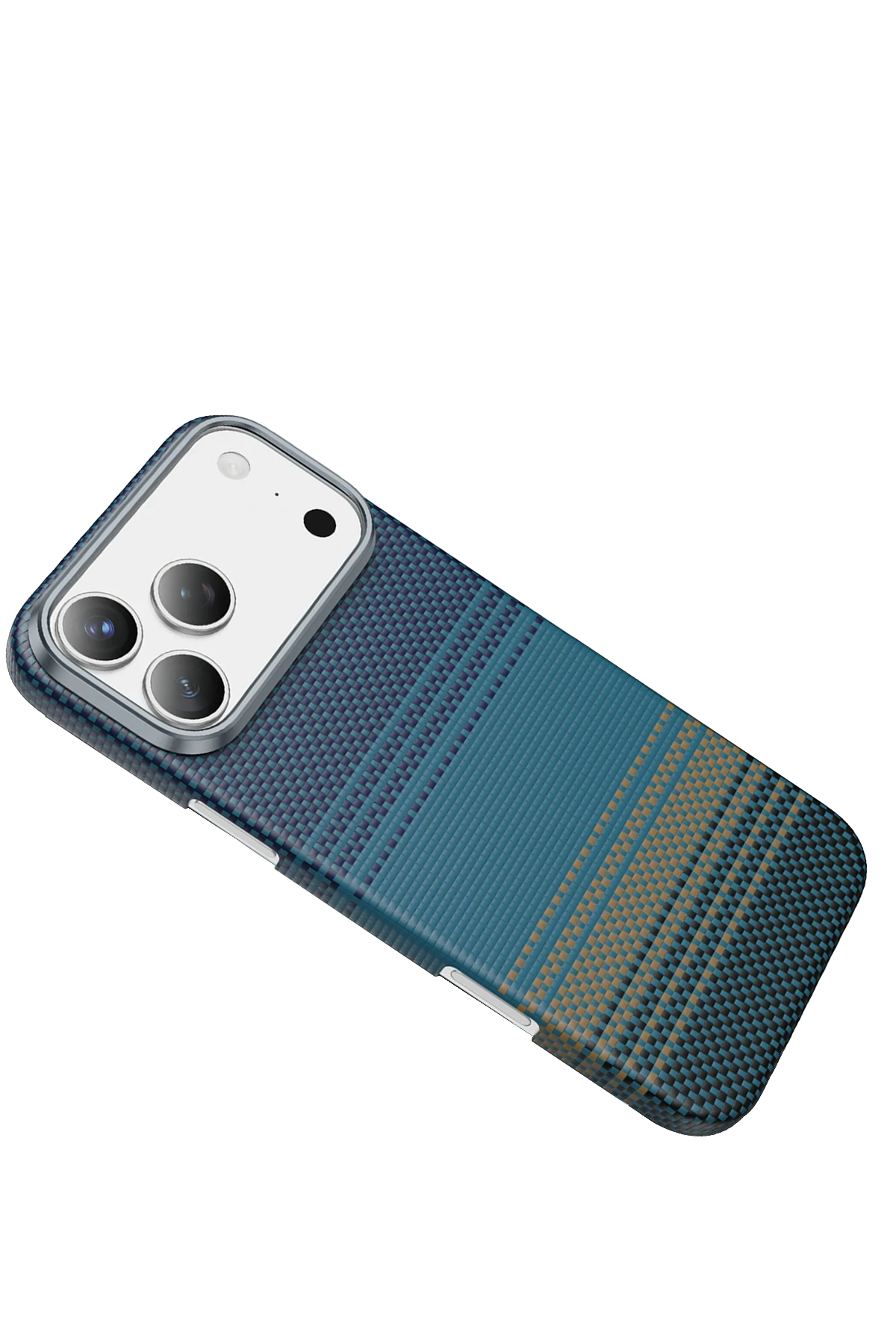 Siyah arka plan üzerinde çizgili deseni olan mavi telefon kılıfı.