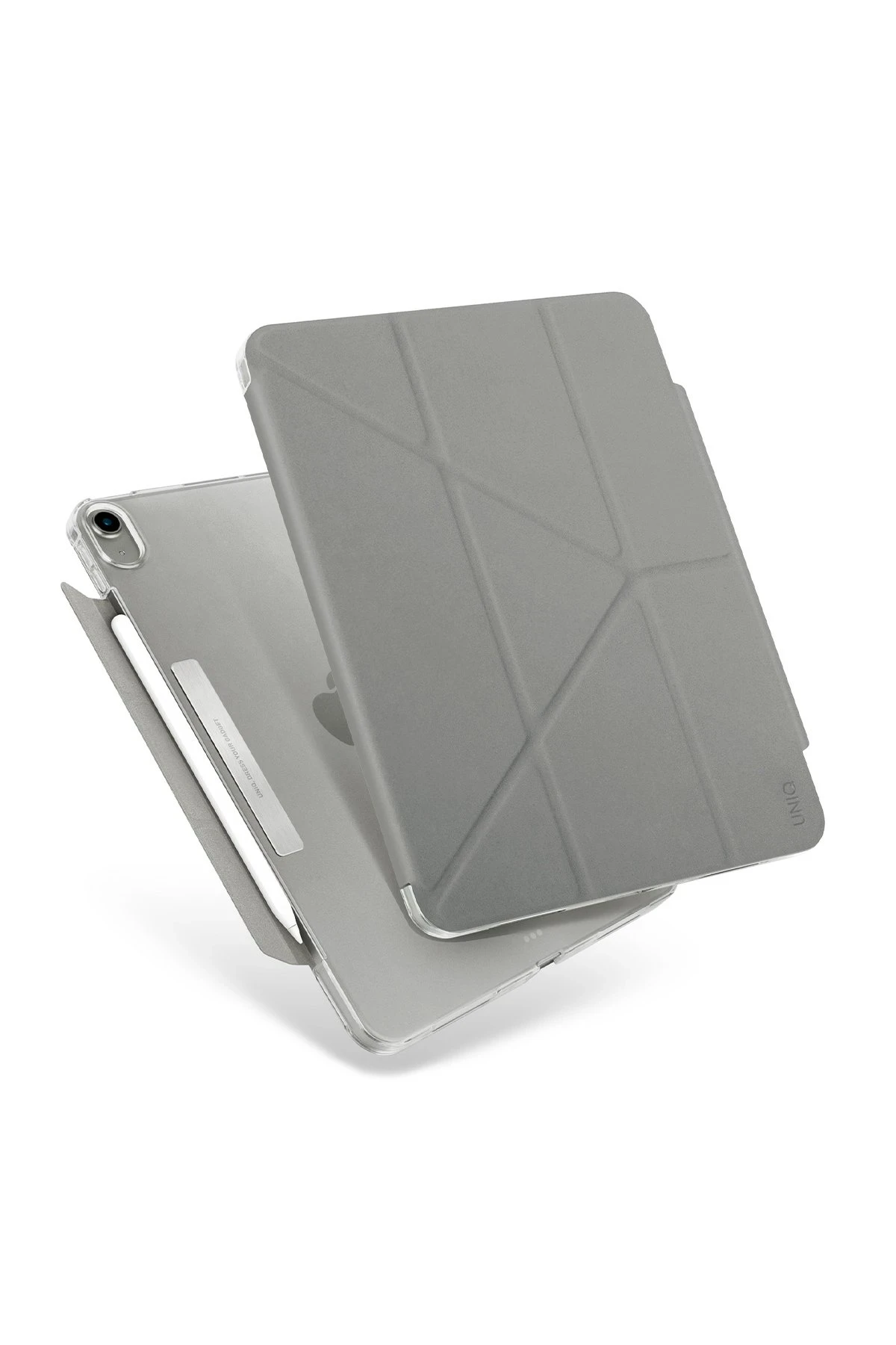 Katlanabilir kılıflı ve kalemli gri tablet, beyaz arka plan üzerinde.