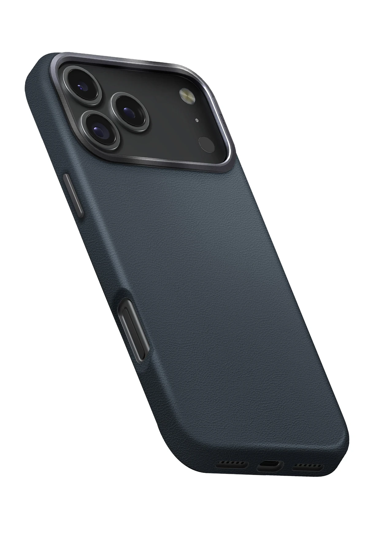 Üçlü kamera kesimli, gümüş çerçeveli lacivert telefon kılıfı.