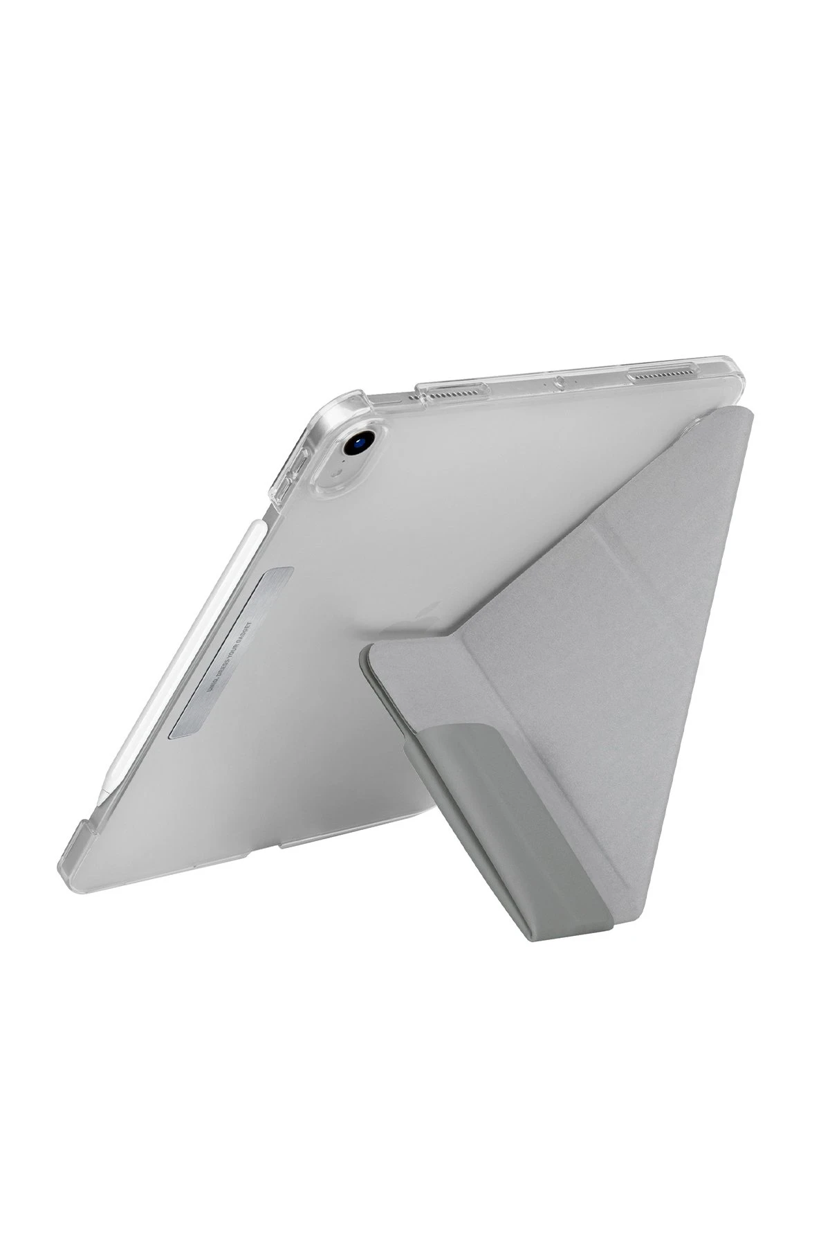 Beyaz arka plan üzerinde stantlı şeffaf tablet.