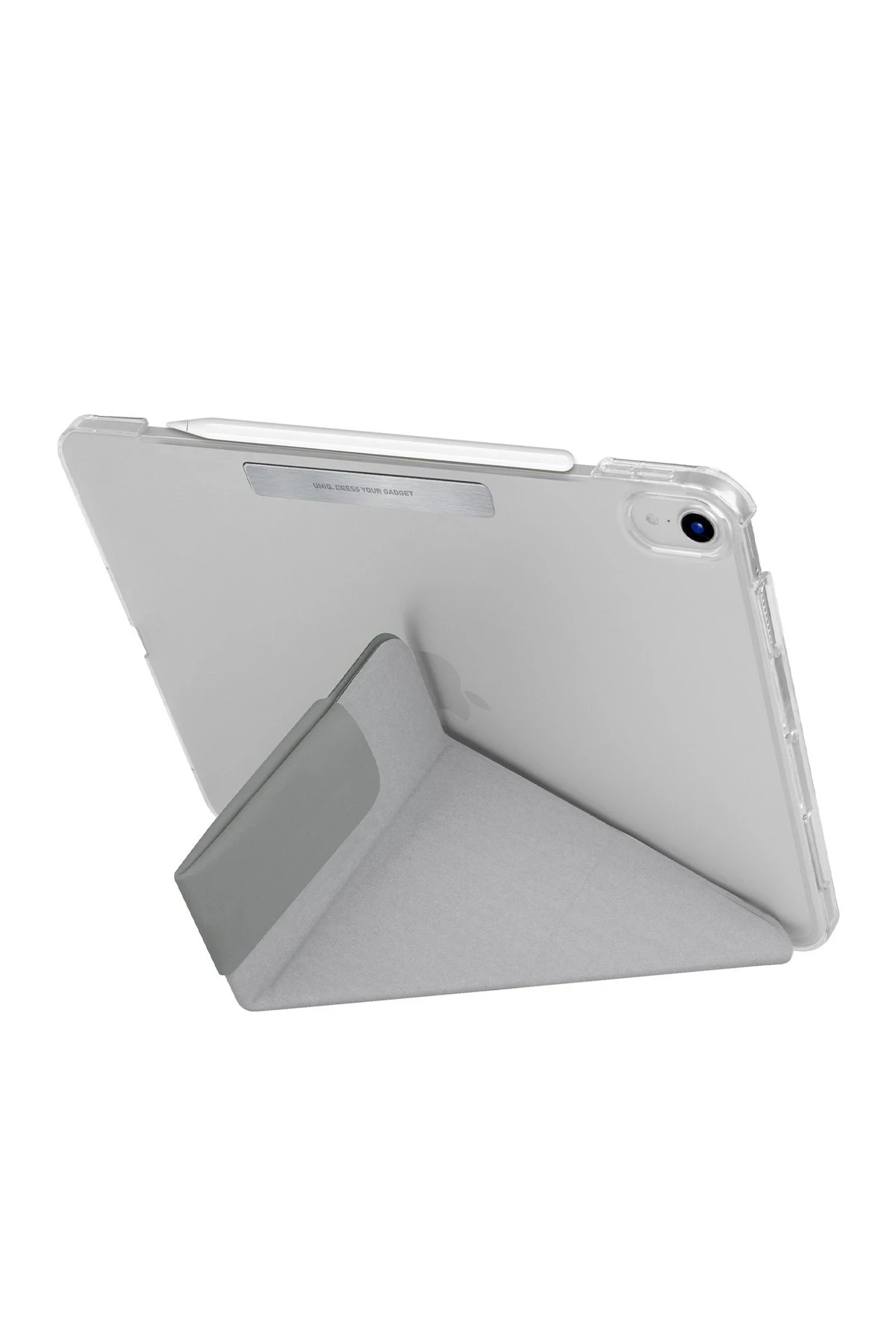 Gri stand üzerinde kalemli şeffaf tablet. Beyaz arka plan.