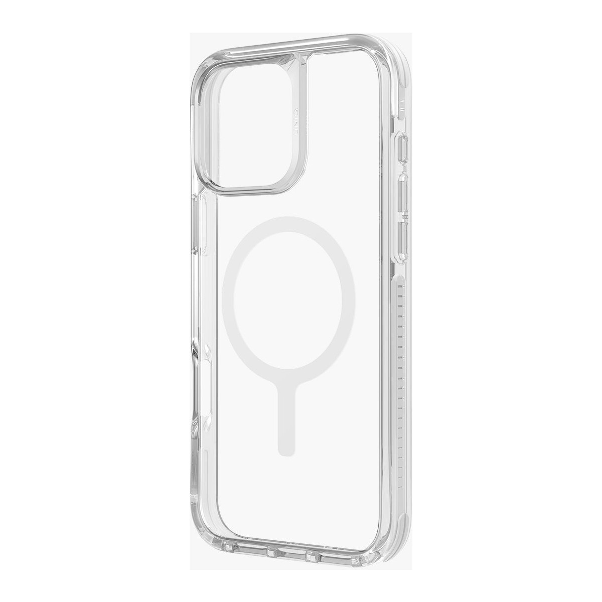 Beyaz arka plan üzerinde manyetik halkalı şeffaf iPhone kılıfı.