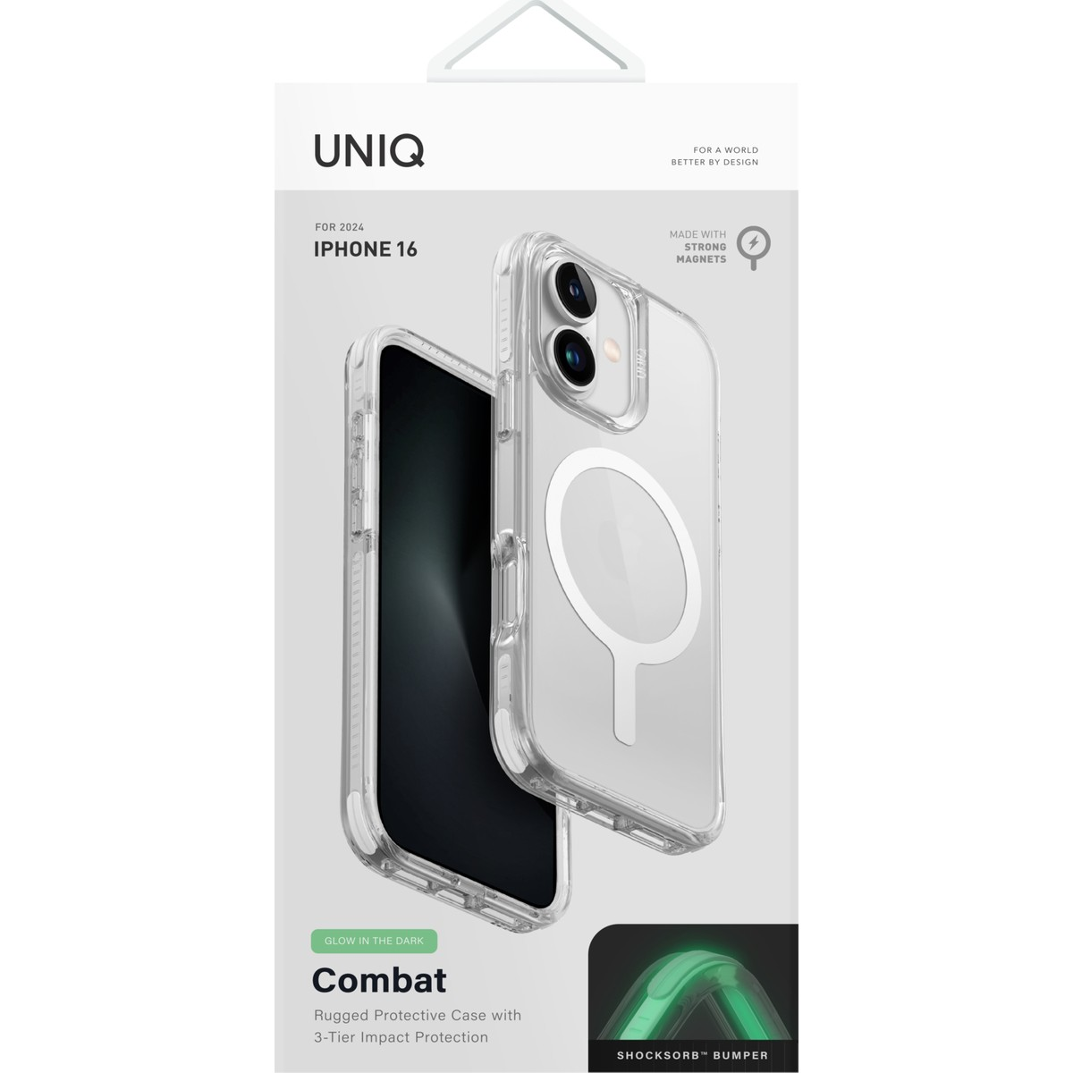 Manyetik halkalı ve karanlıkta parlayan tamponlu şeffaf bir iPhone 16 kılıfı, ambalajında sergileniyor.