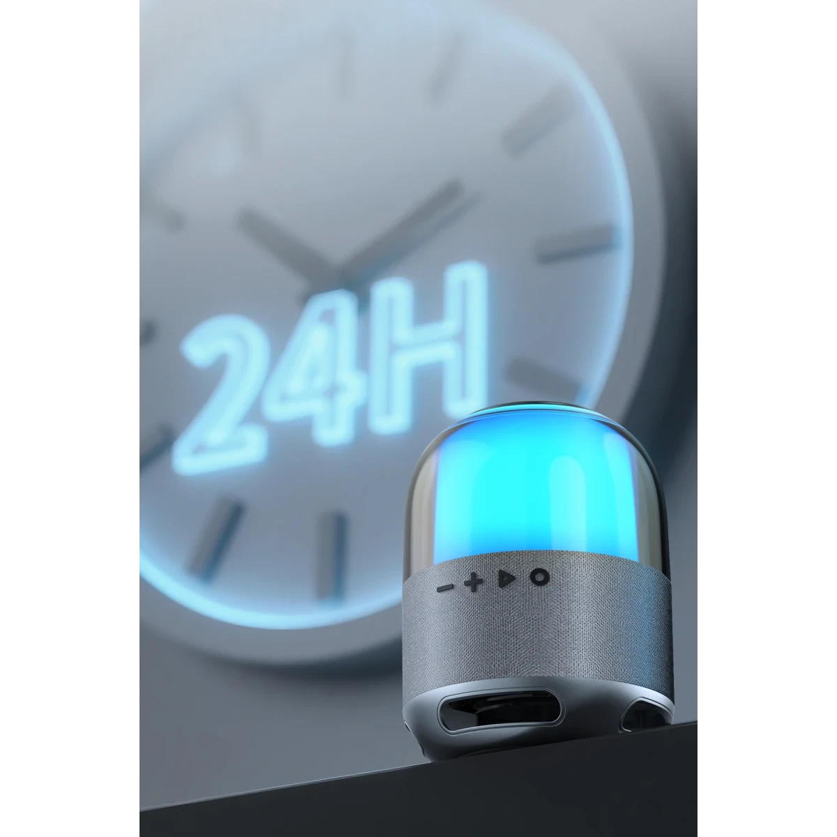 Işıklı mavi hoparlör, "24H" yazılı bir duvarın önünde duruyor.