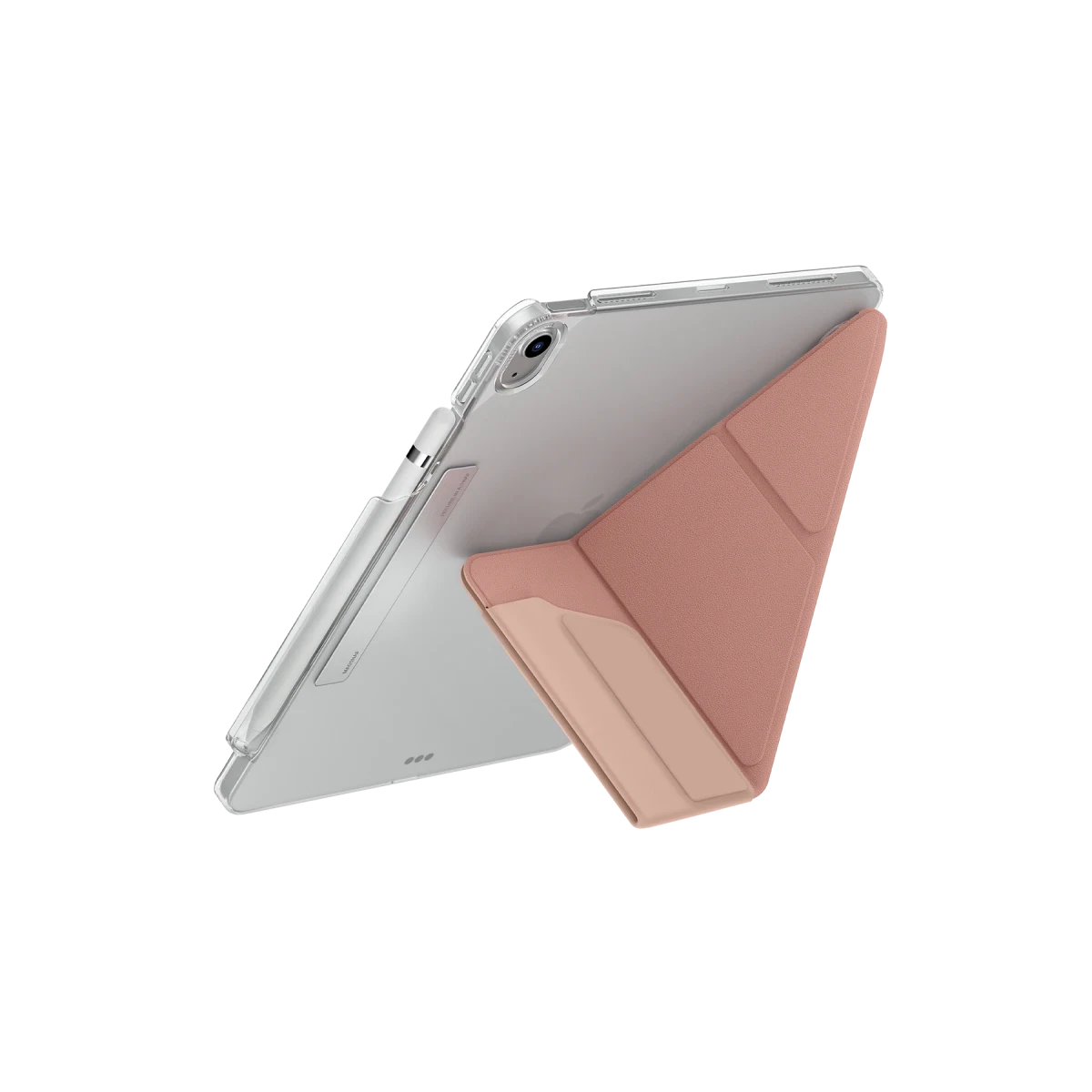 Gümüş iPad, şeffaf kılıf ve pembe stantlı, siyah arka plan üzerinde.