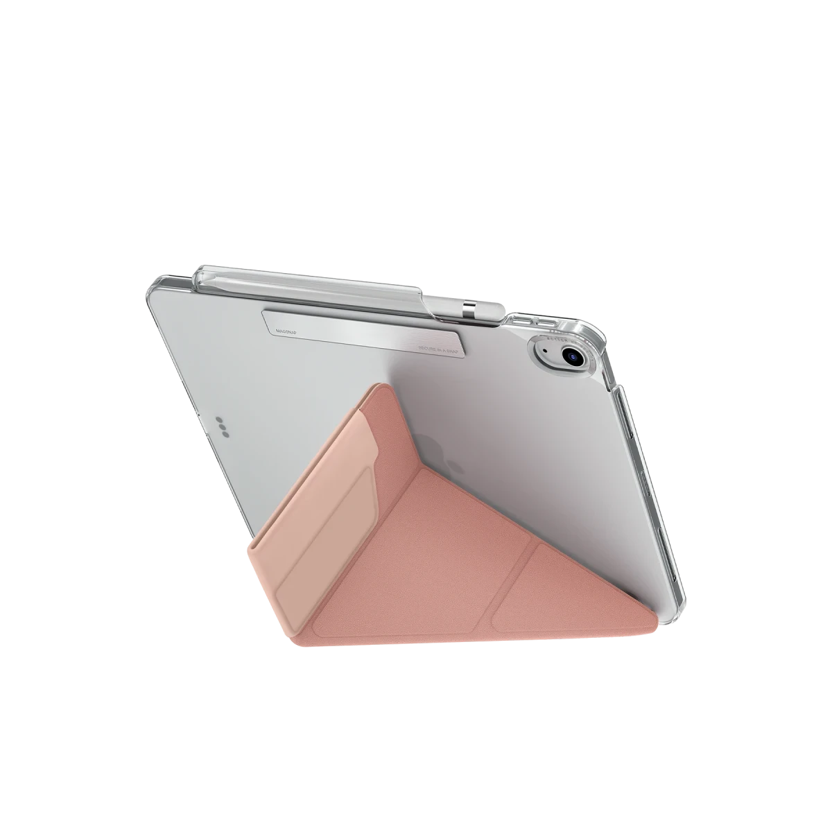 Gümüş renkli tablet, kalem ve stant olarak kullanılan pembe kılıf.