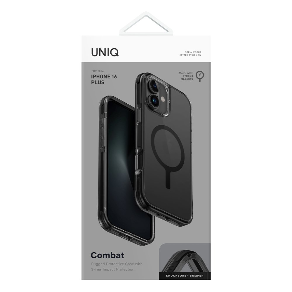 Gri arka plan üzerinde siyah mıknatıs daireli şeffaf iPhone 16 Plus kılıfı, metin ile 