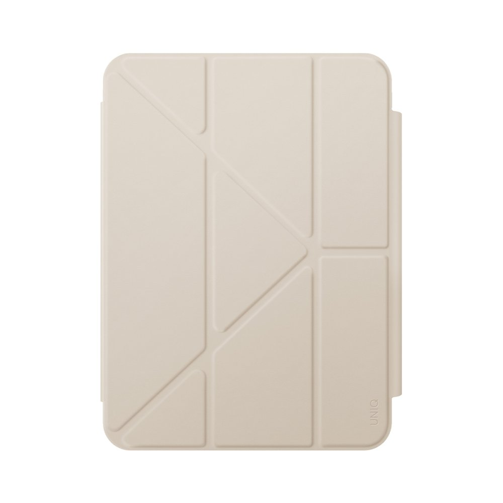 Geometrik katlama desenine sahip bej renkli bir tablet kılıfı, sağ alt köşede "UNIQ" logosu bulunuyor.