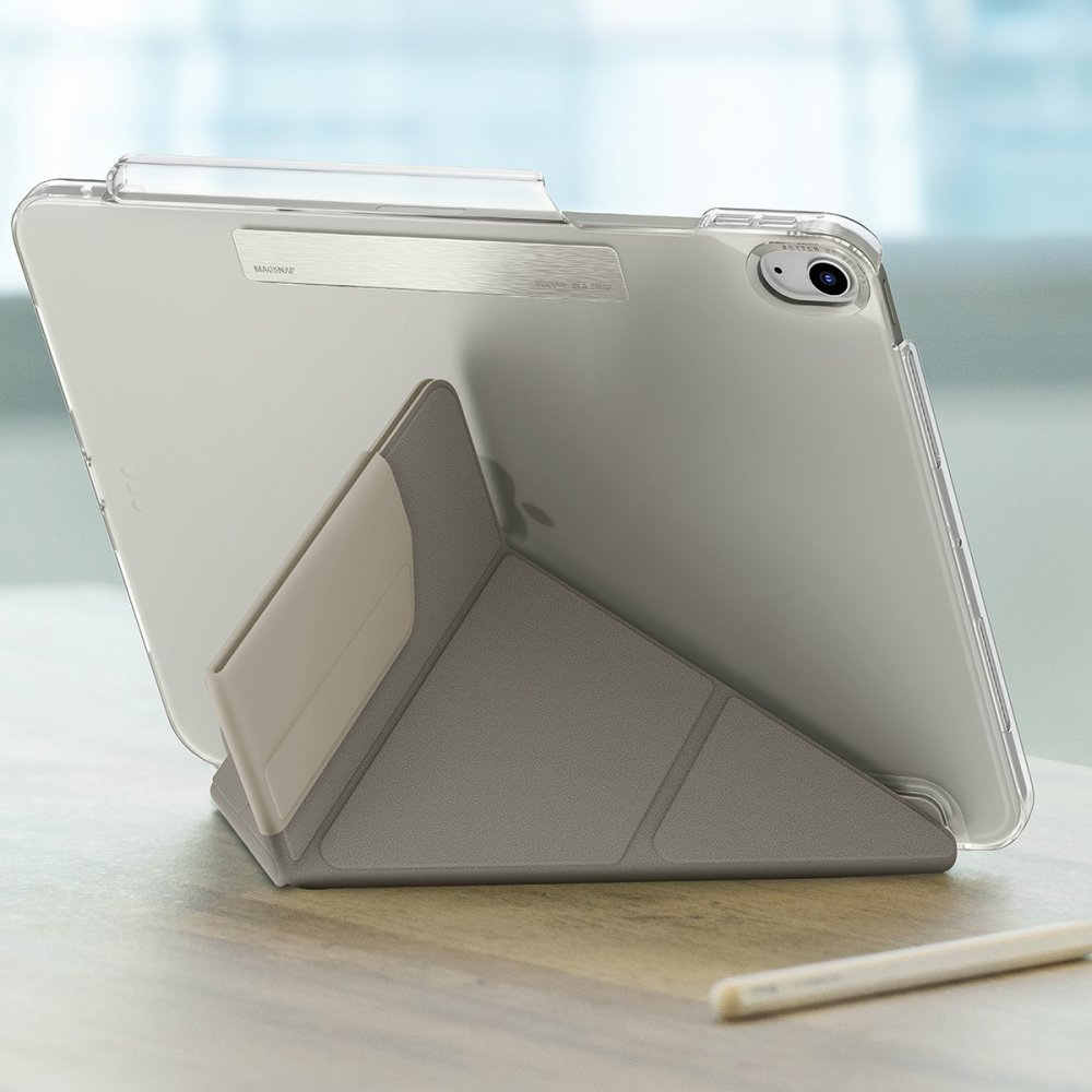 Yakınında kalem bulunan gri stantta şeffaf tablet.