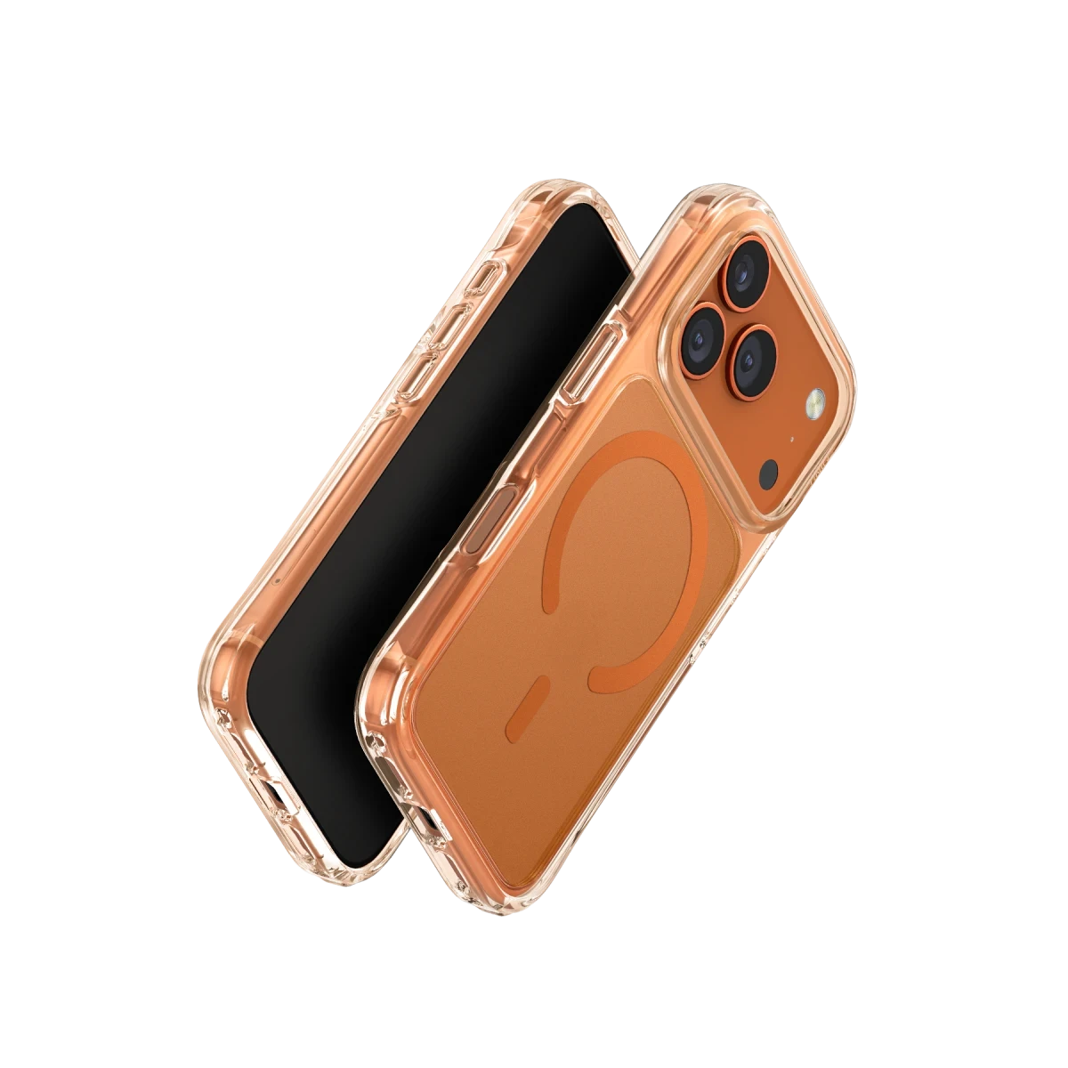 Turuncu arka ve MagSafe halkalı şeffaf iPhone kılıfı.