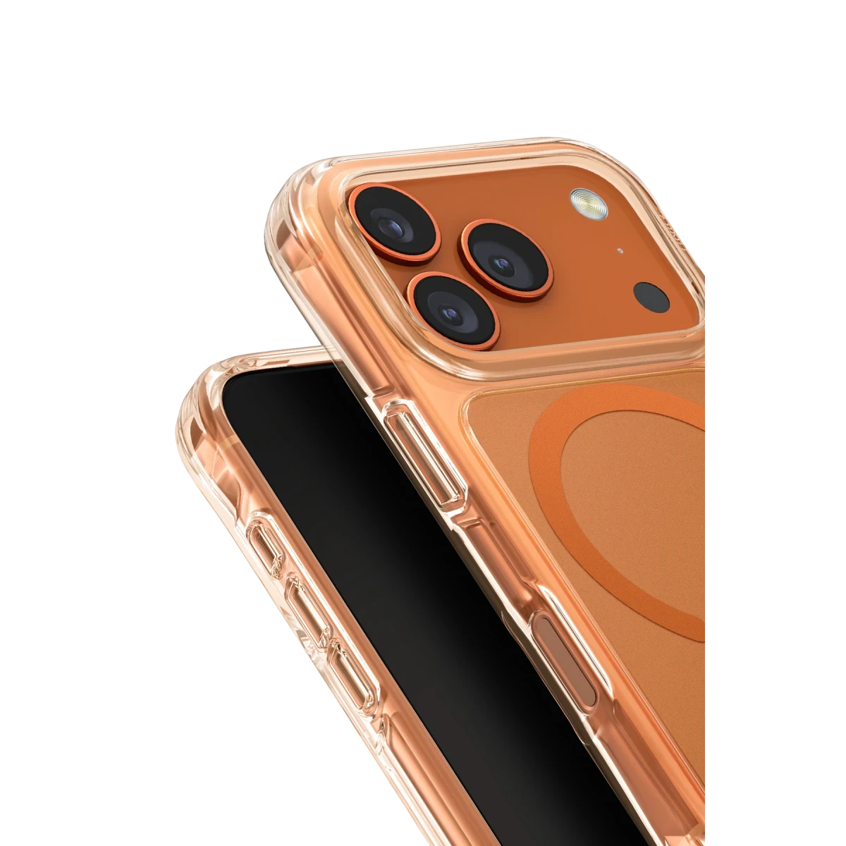 Turuncu telefon ve üç kamera lensli şeffaf kılıf.