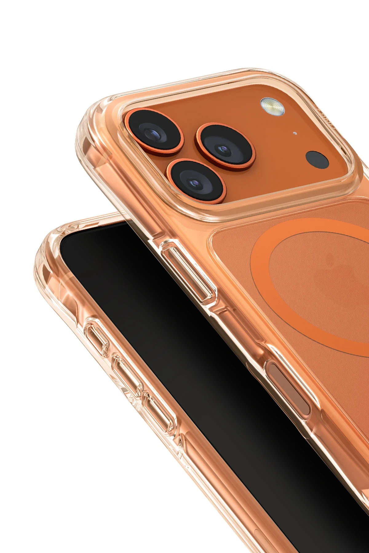 Üç kamera lensi ve düğmesi olan şeffaf, bronz renkli telefon kılıfı.
