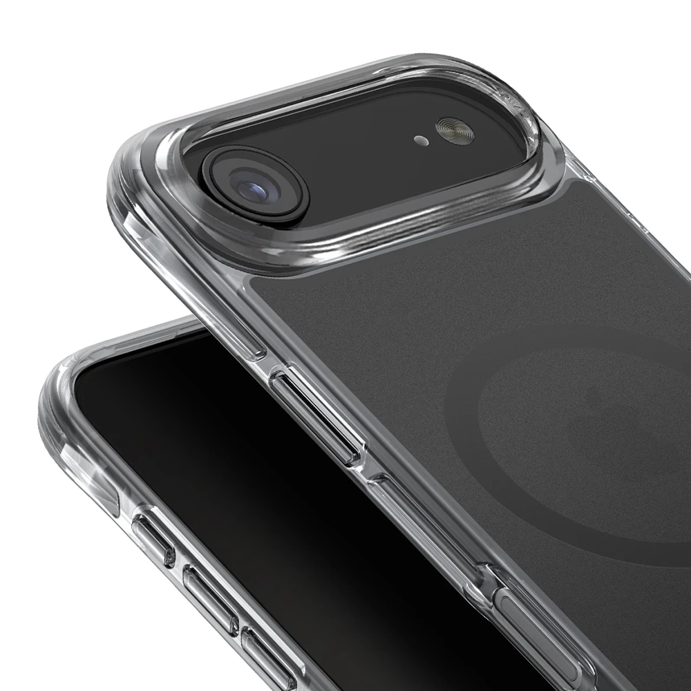 Kamera ve düğmeleri gösteren şeffaf telefon kılıfı.