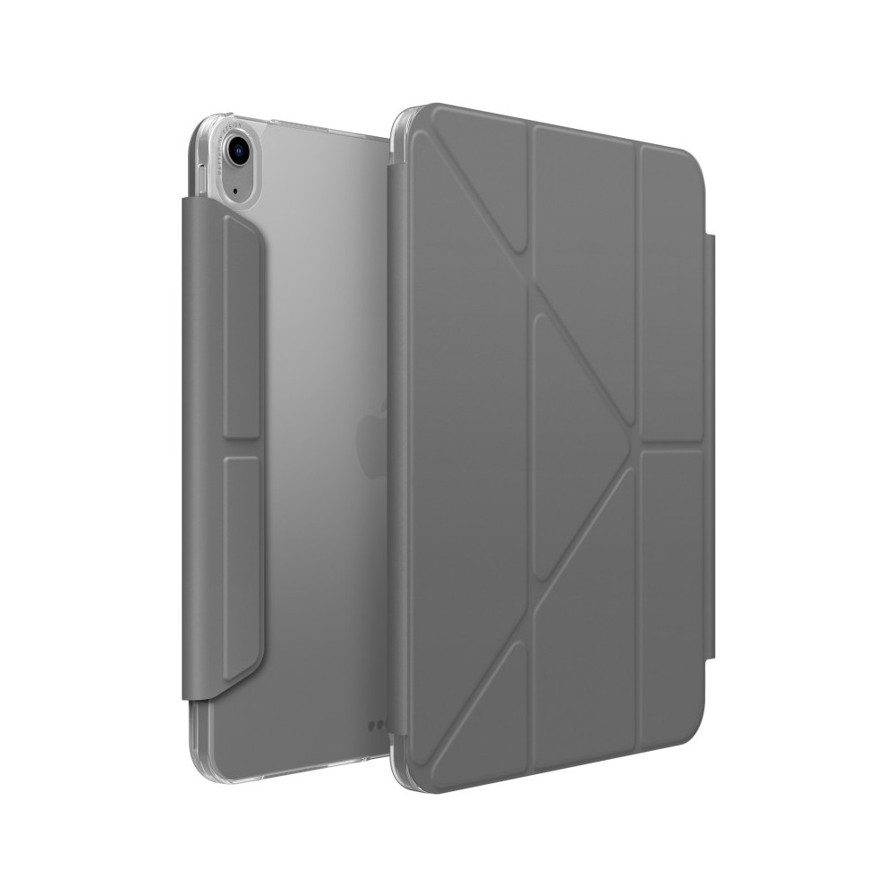 Geometrik katlamalı, şeffaf kılıflı ve koyu gri kapaklı gri bir tablet, beyaz bir arka plan üzerinde dik duruyor.