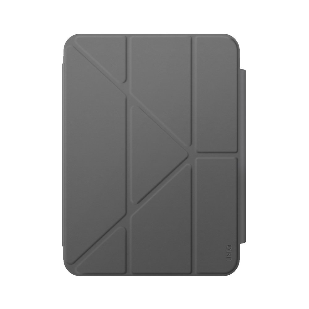 Katlanmış tasarımlı gri tablet kılıfı ve UNIQ logosu.