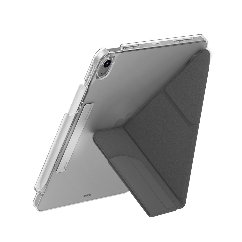 Stand görevi gören koyu gri katlanır kılıflı şeffaf tablet.