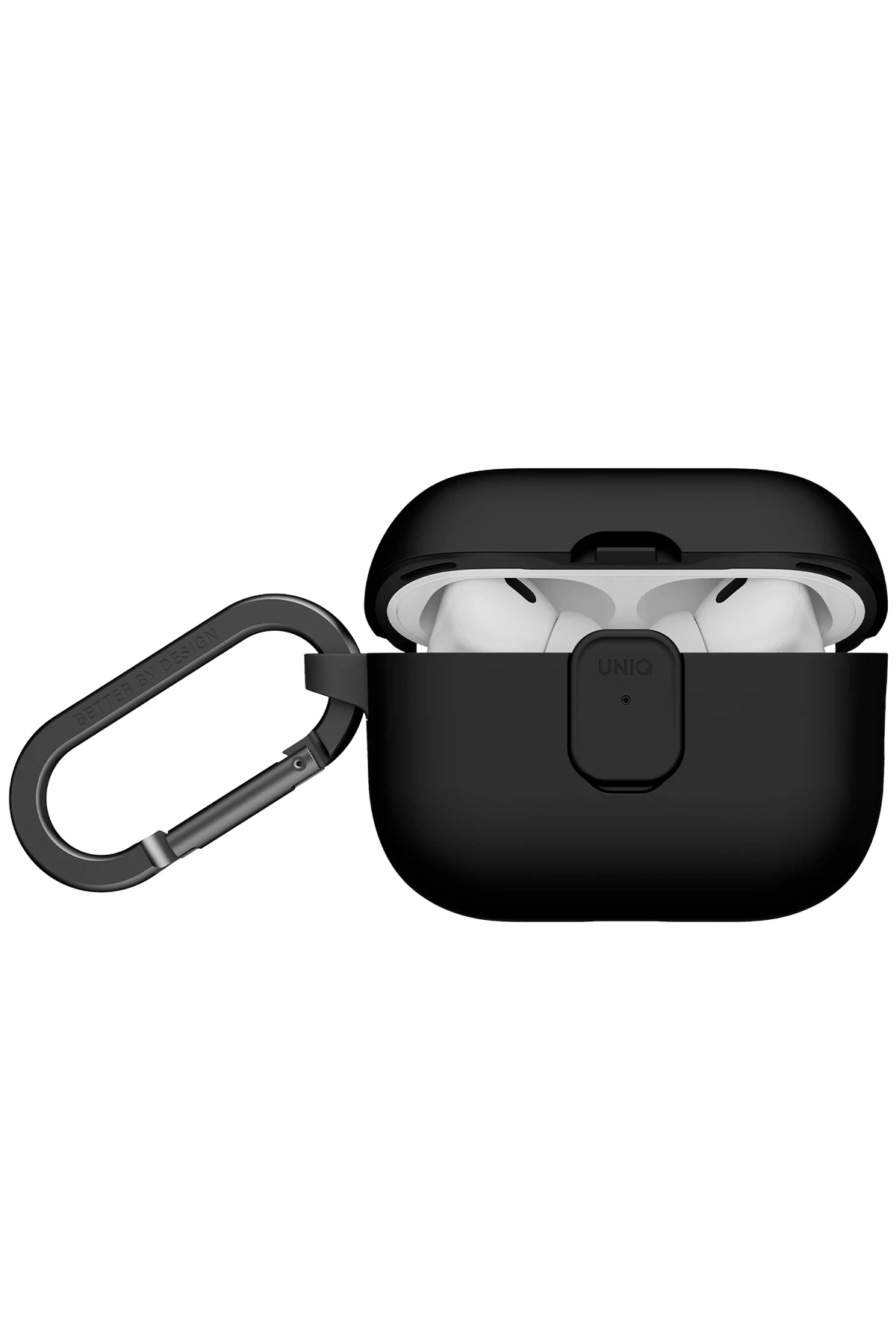 Yan tarafında gümüş bir karabina klipsi bulunan siyah bir AirPods kılıfı, içinde beyaz AirPods'ları ortaya çıkarmak için açık.