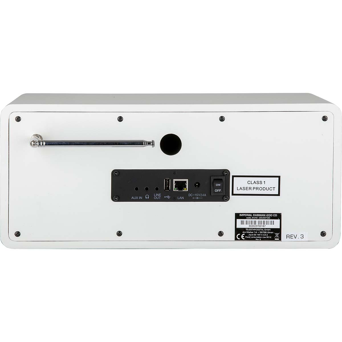 Parte trasera blanca de radio con puertos, etiquetas y antena extensible.