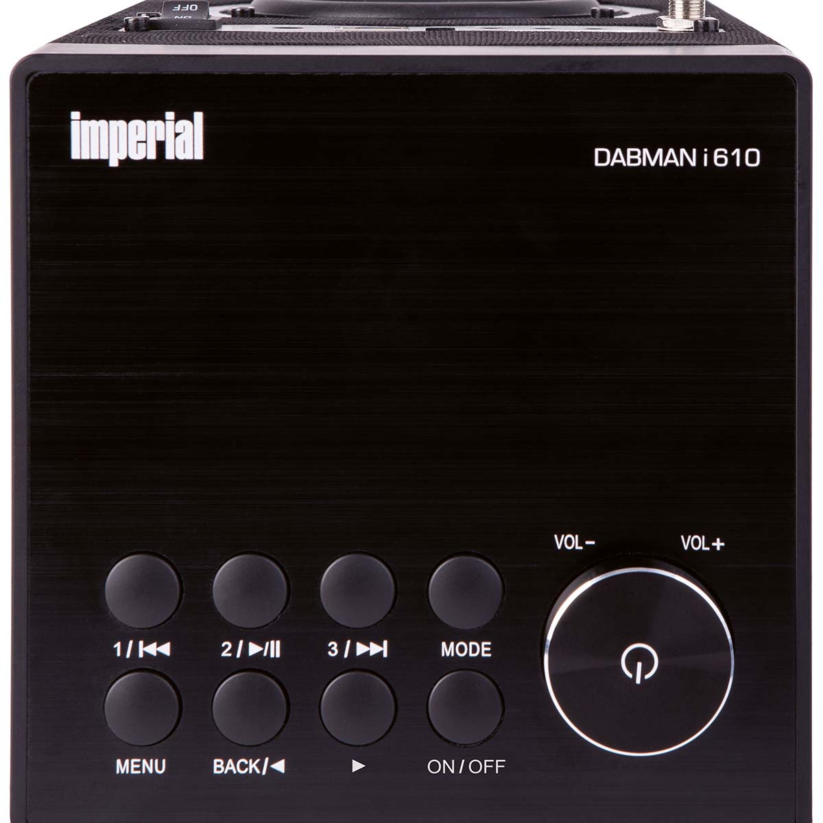 Black Imperial DABMAN i610 with control buttons and rotary dial.