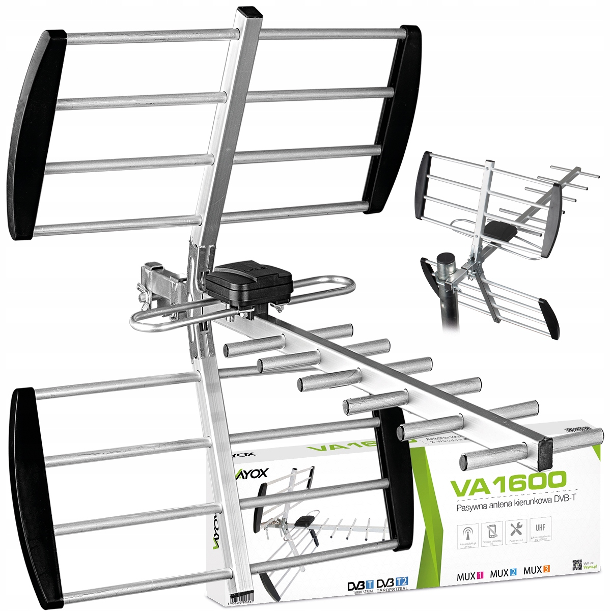 Srebrna antena z czarnymi zakończeniami stoi na pudełku z grafiką.