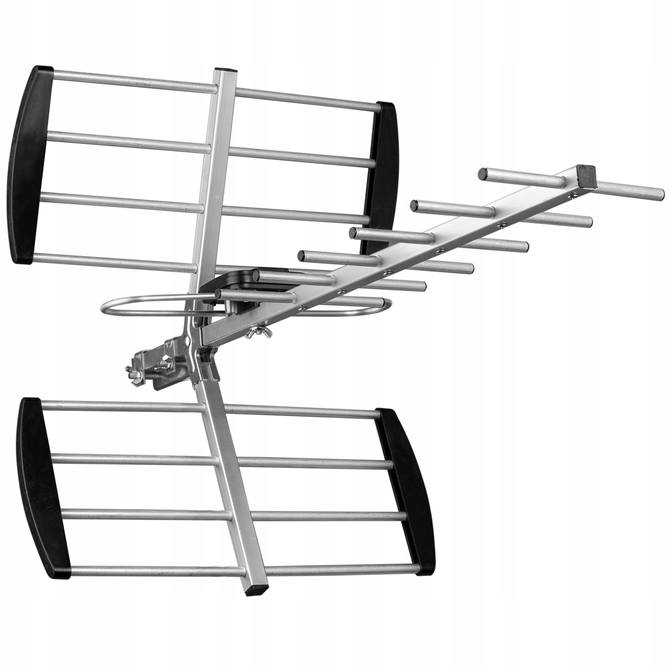 Srebrna antena z czarnymi nakładkami i poziomymi prętami.