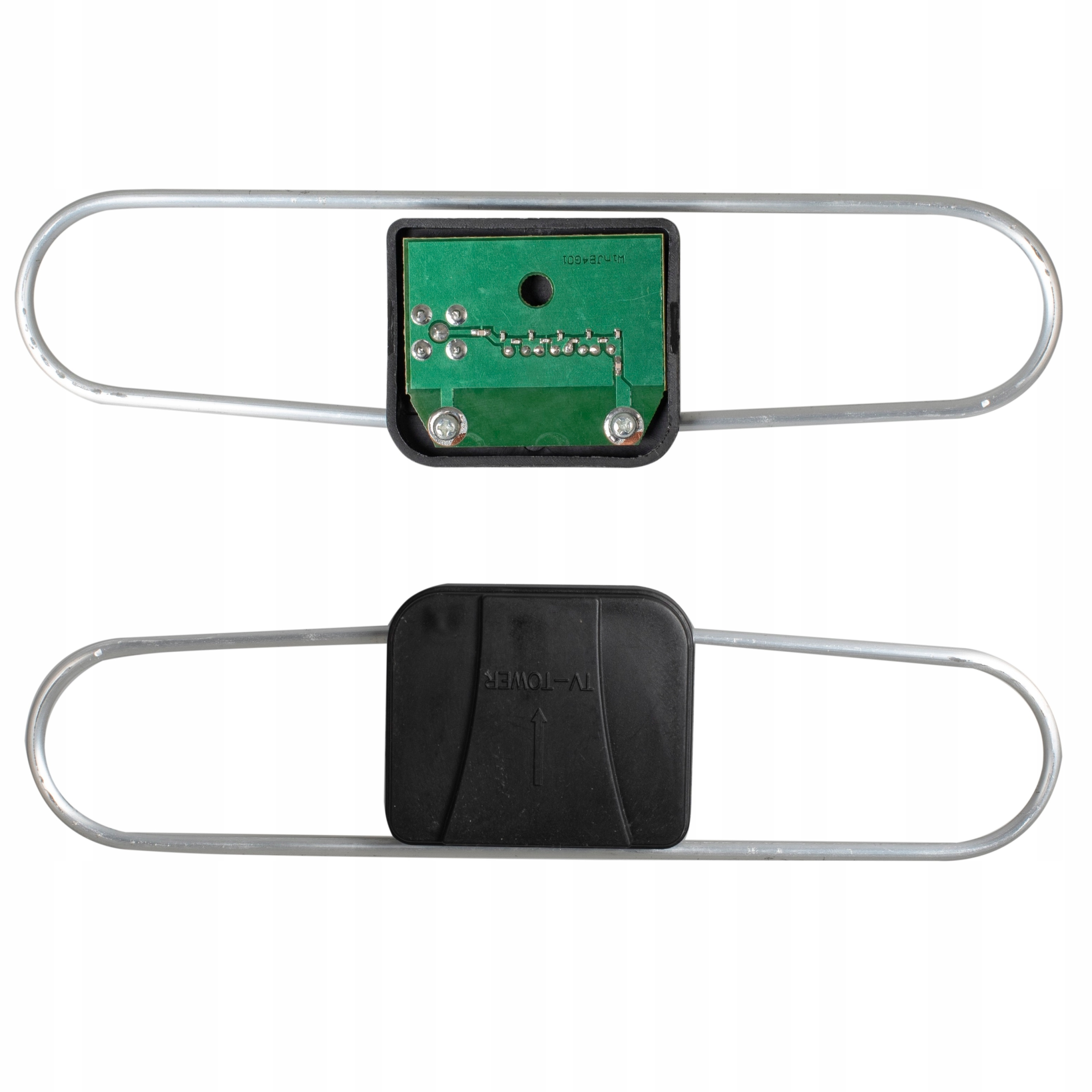 Srebrna pętla z czarnym pudełkiem i płytką drukowaną.