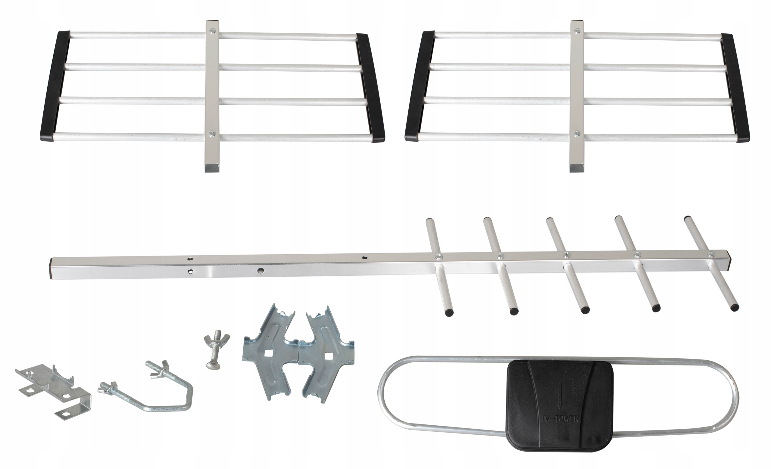 Zestaw części anteny TV: dwie siatki, podłużny pręt i elementy montażowe.