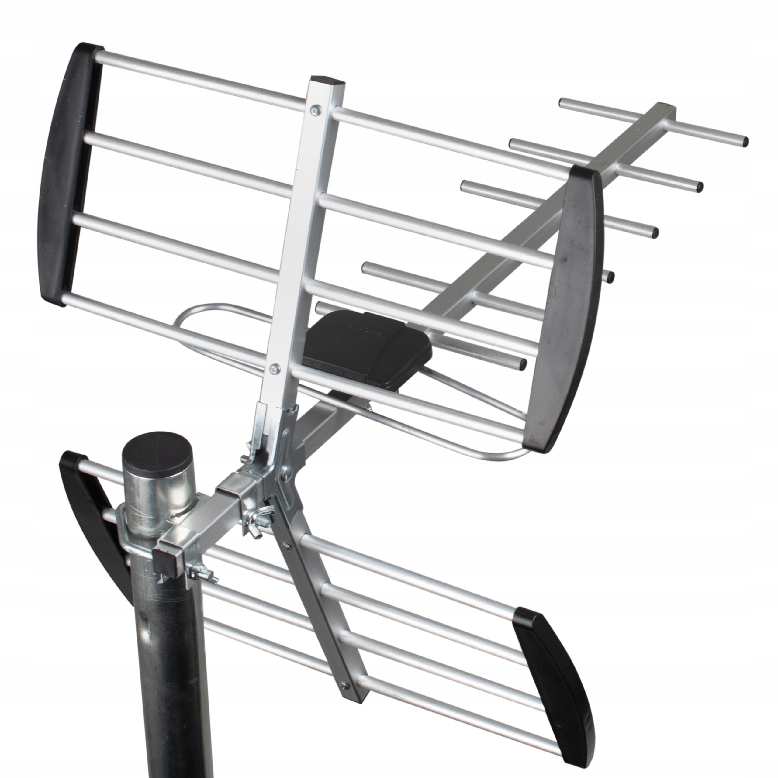 Srebrna antena z czarnymi nakładkami na maszcie.