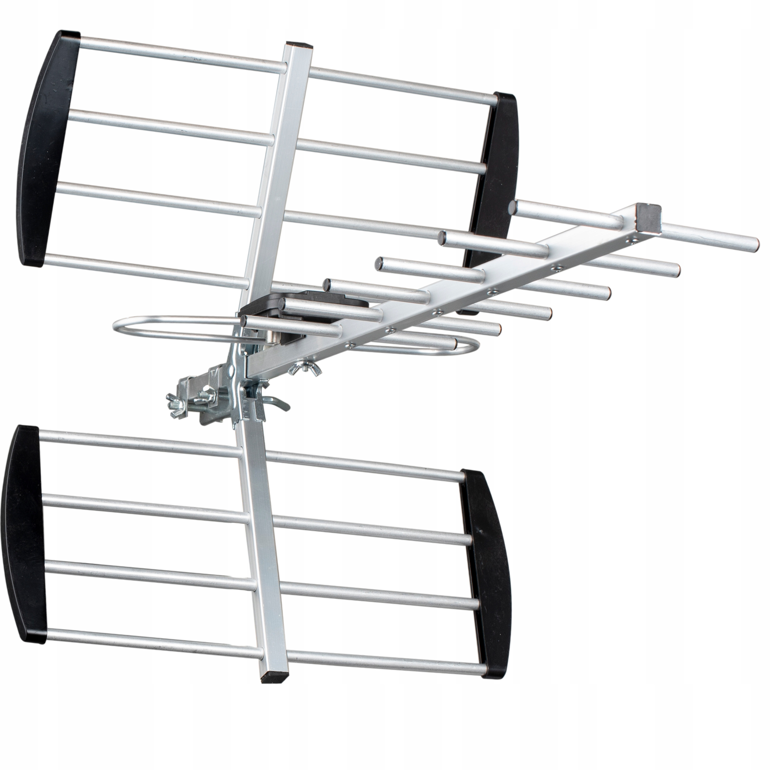 Srebrna antena telewizyjna z czarnymi zaślepkami i wieloma elementami poziomymi.