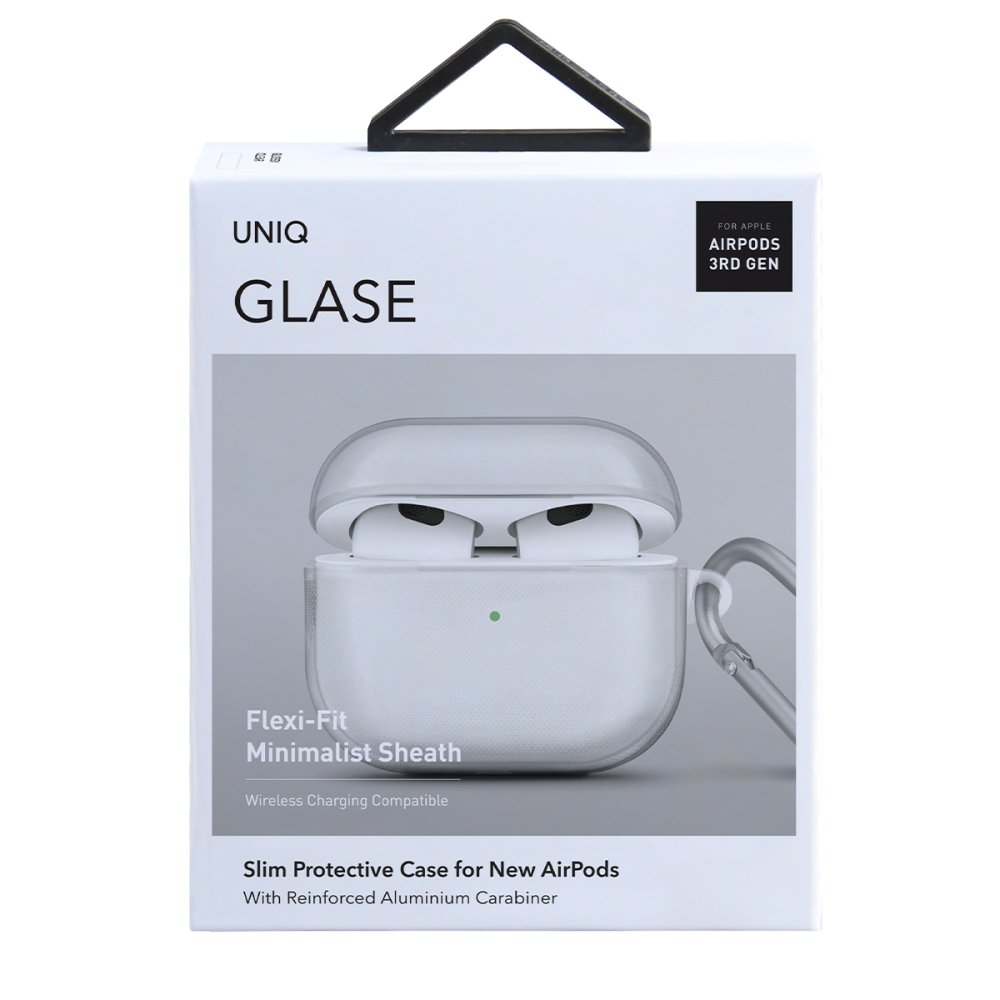 AirPods 3. nesil için UNIQ GLASE kılıfı ve karabina ambalajı.