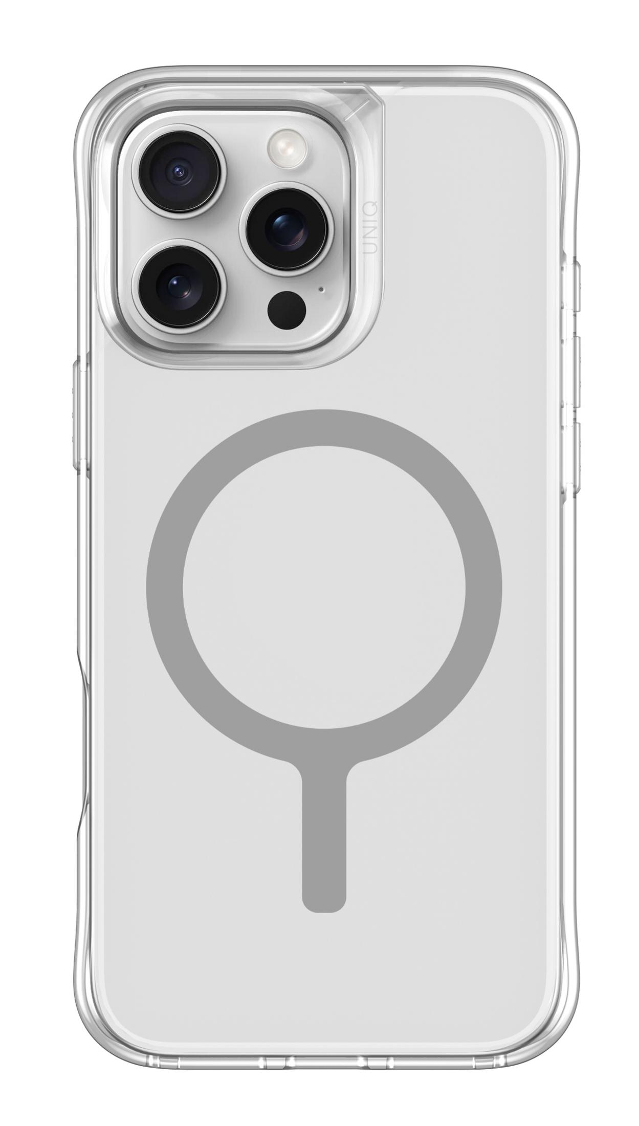 Üç kameralı ve dairesel logolu şeffaf telefon kılıfı.