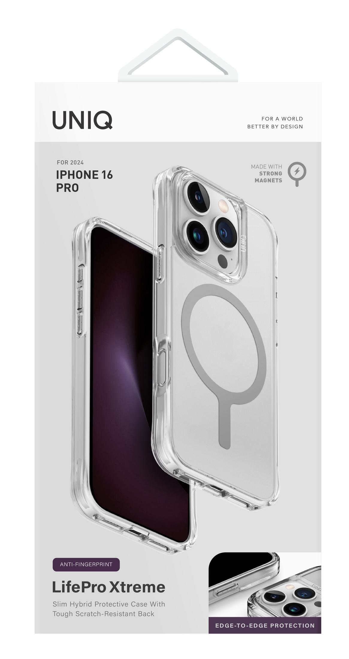 UNIQ LifePro Xtreme ürün kutusunda sergilenen manyetik halkalı şeffaf bir iPhone 16 Pro kılıfı.