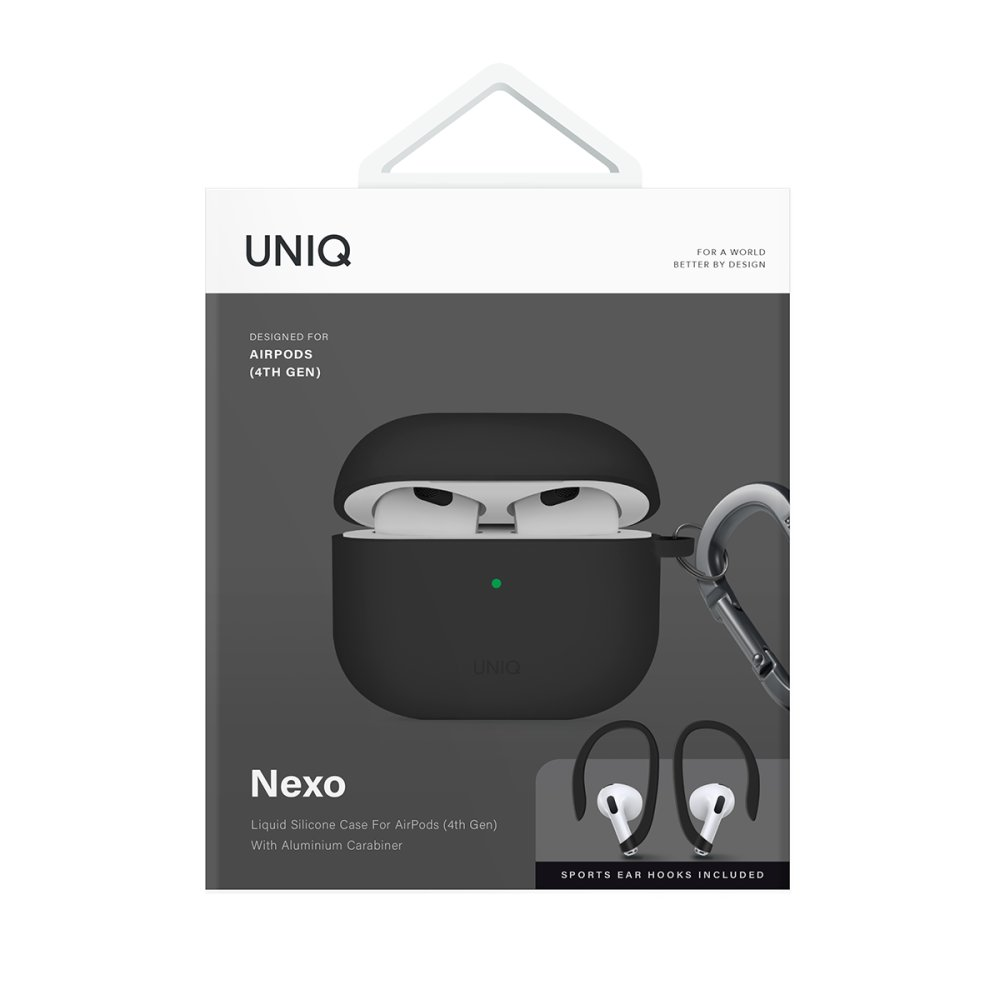 Siyah AirPods kılıfı, beyaz kulaklıklar, karabina ve siyah kulak kancaları gri bir arka plan üzerinde.