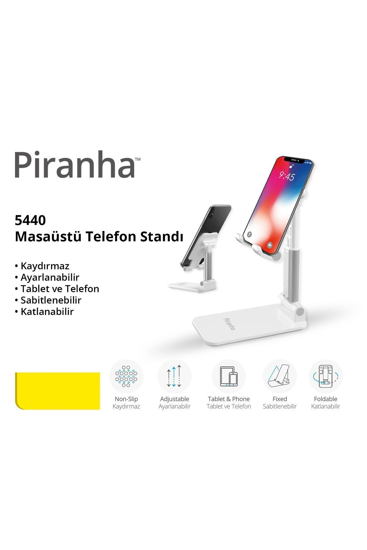 Beyaz bir Piranha masaüstü telefon standı, üzerinde biri siyah, diğeri beyaz iki telefon, beyaz bir arka plan üzerinde.