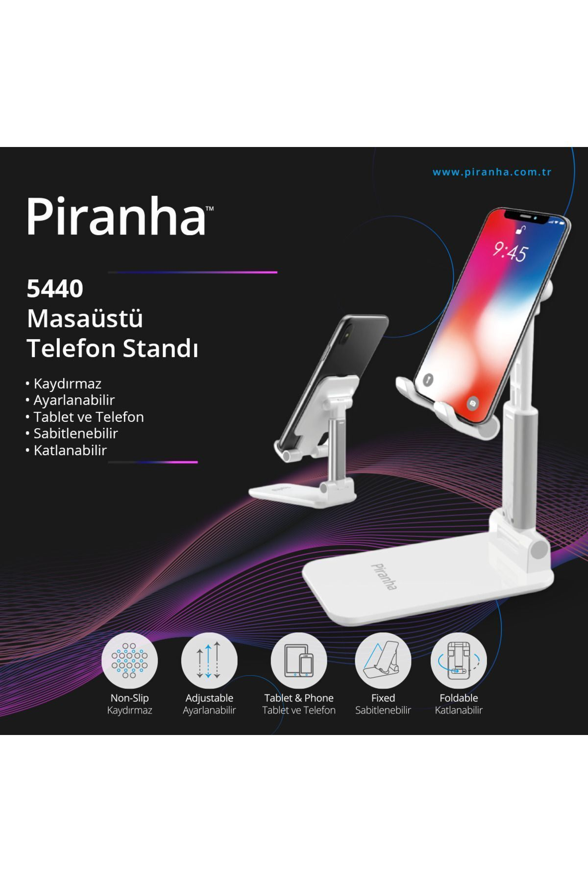 PIRANHA 5440 Masaüstü | Katlanabilir | Sabitlenebilir | Kaydırmaz | Ayarlanabilir Telefon & Tablet Tutucu