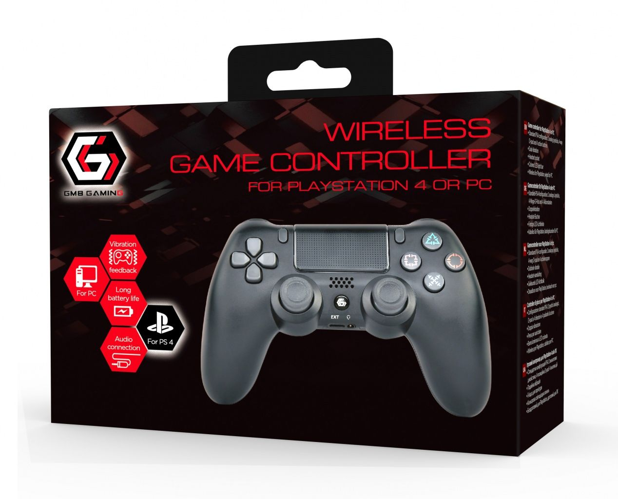 Black GMB Gaming wireless controller box for PlayStation 4 or PC, showing controller and features.