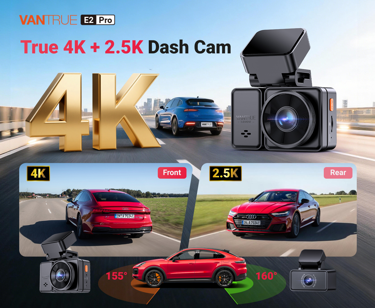 Dash cam ad with gold '4K' text, blue car, and dash cam. Lower panels show red cars with front/rear views and cameras.