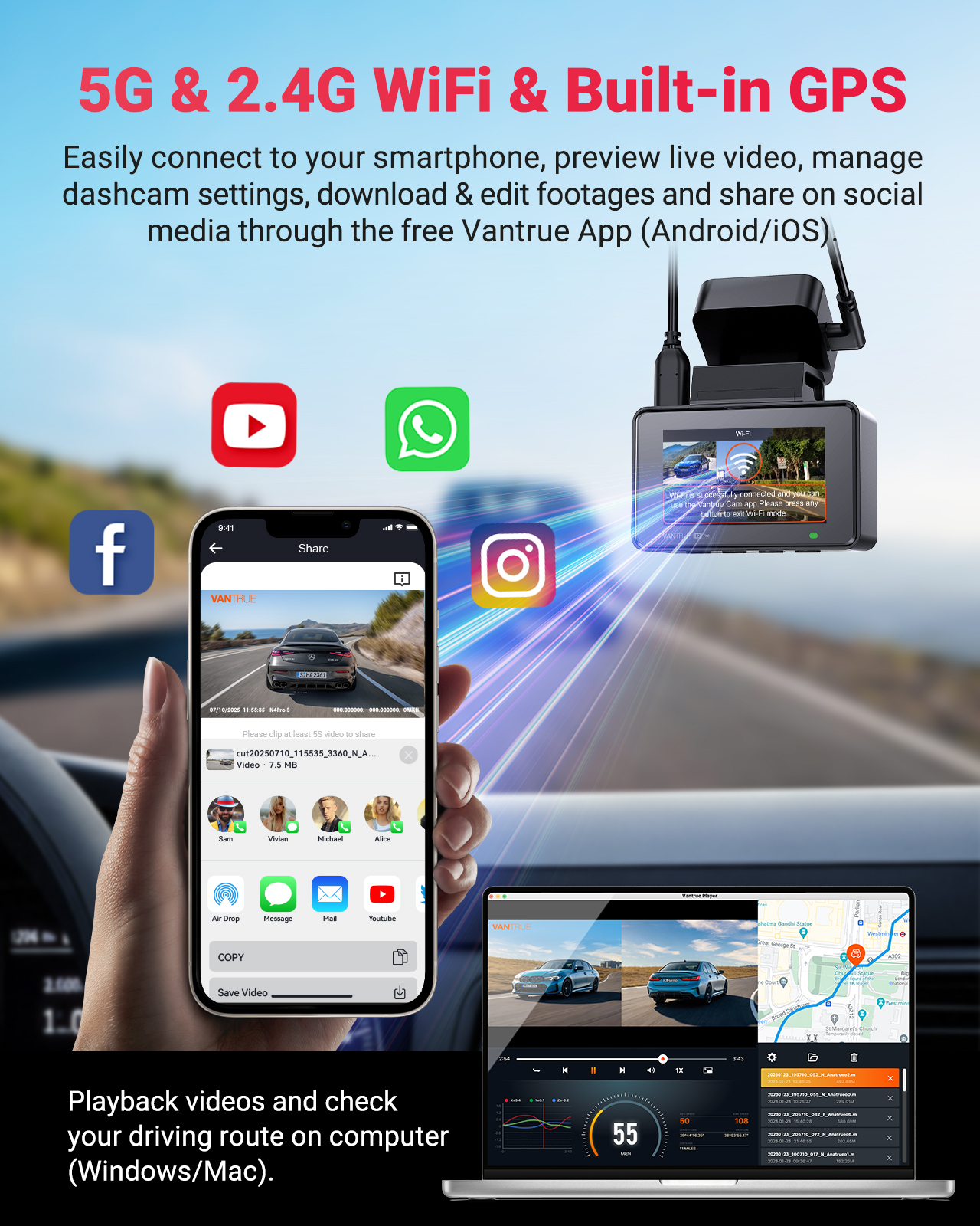 A smartphone, dashcam, and laptop show car footage and app interfaces, with social media icons in the foreground.