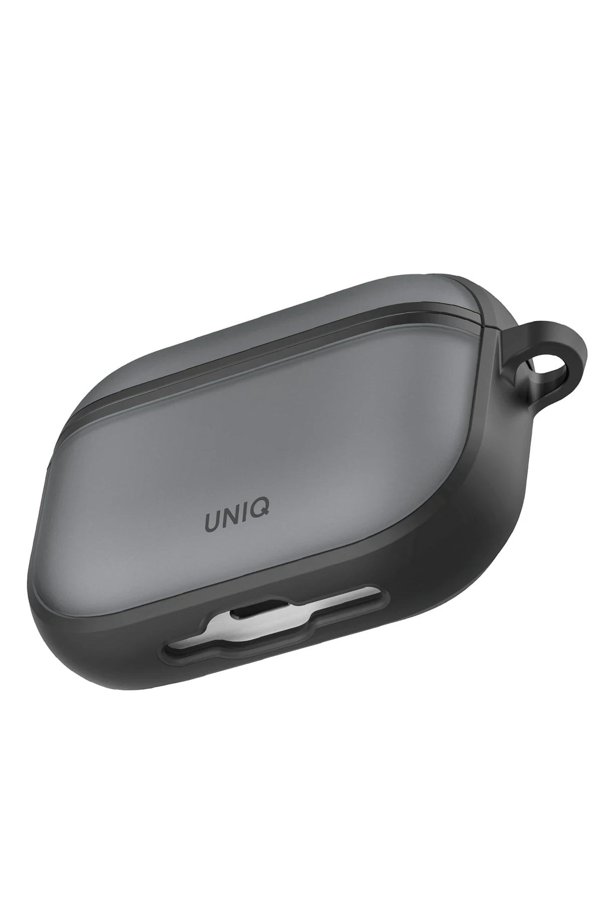 Sağında halkası olan, önünde UNIQ logosu bulunan siyah ve gri bir AirPods kılıfı.