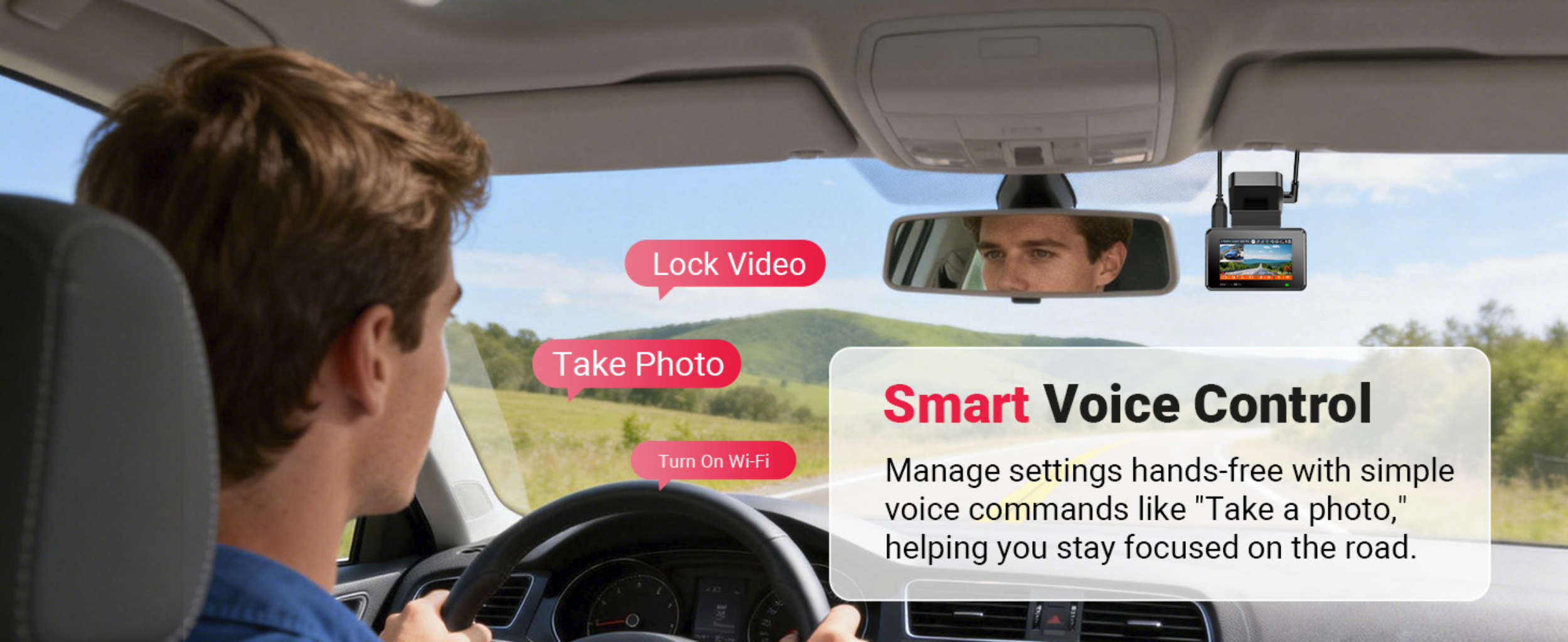 Man drives car, voice control for camera with options like Take Photo.