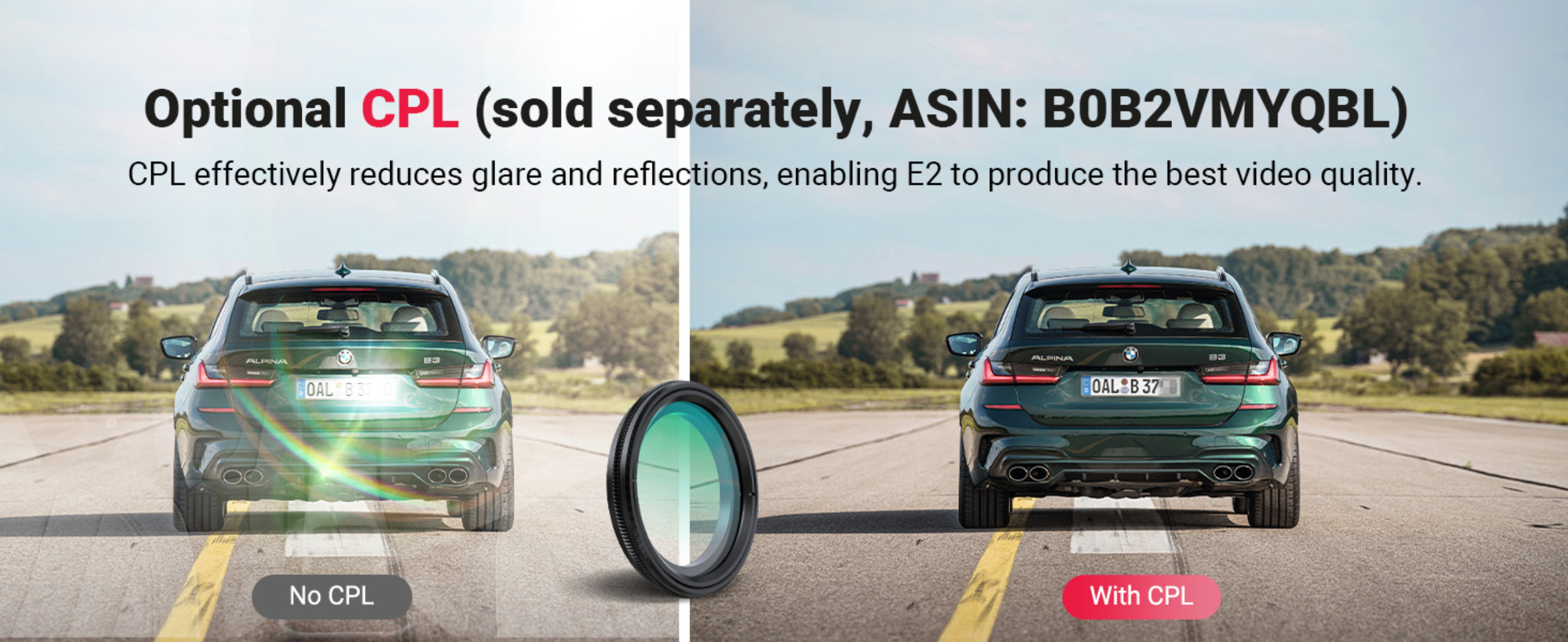 Comparison of a green car's rear view with and without CPL filter, showing reduced glare on the right.