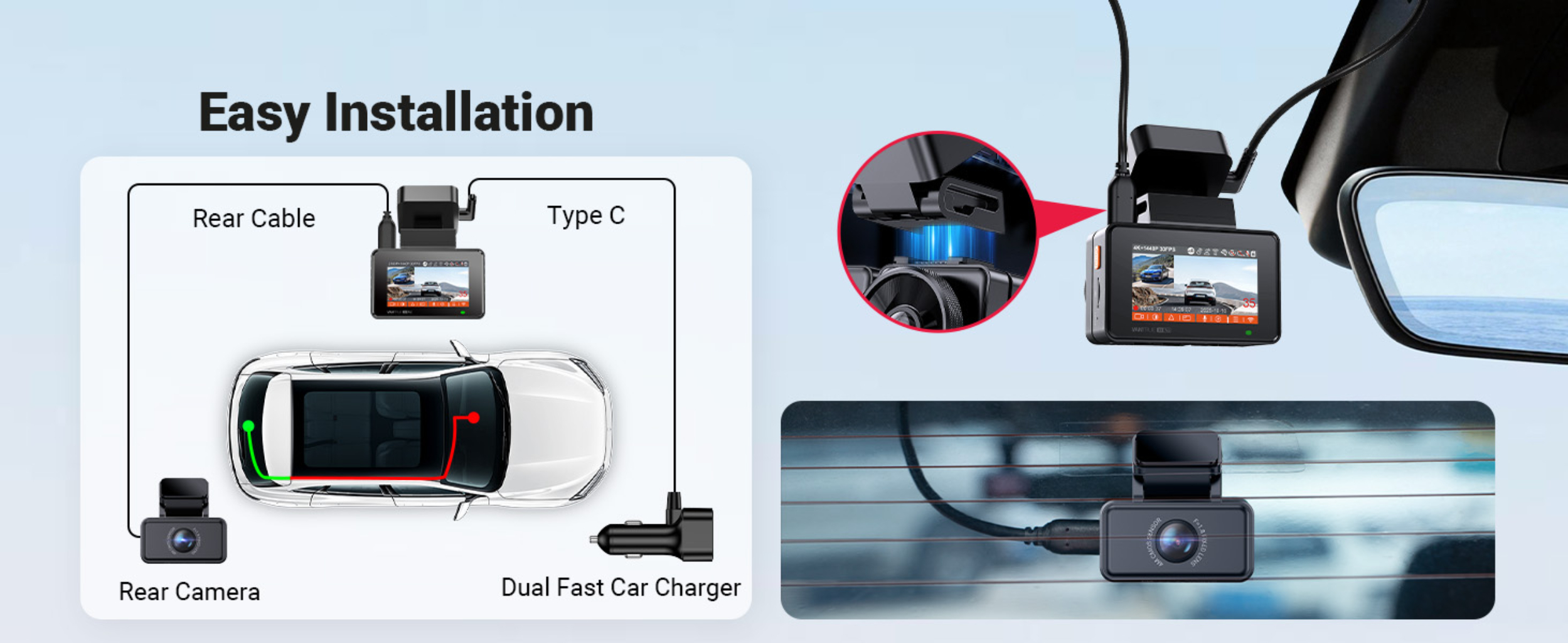 Diagram showing easy installation of car dashcam with cables and charger.
