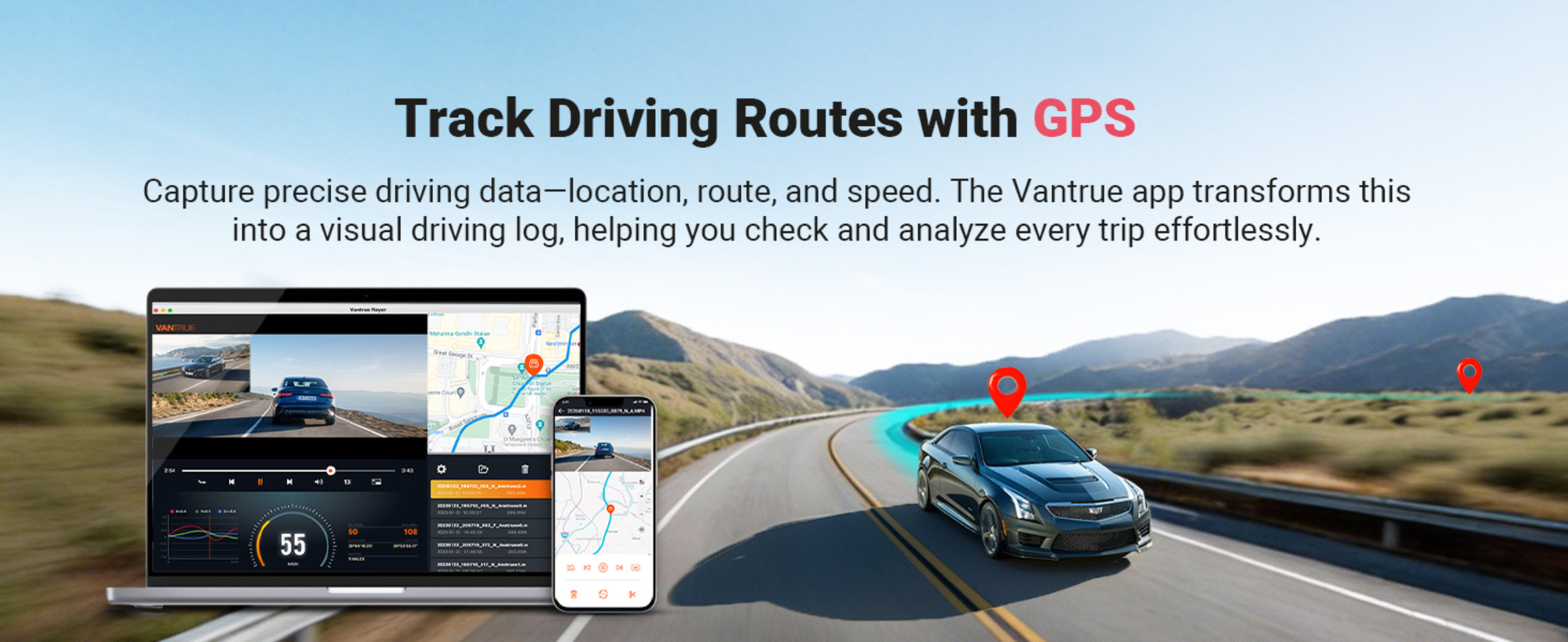 A car drives on a road with GPS markers. Laptops and phones display the route.