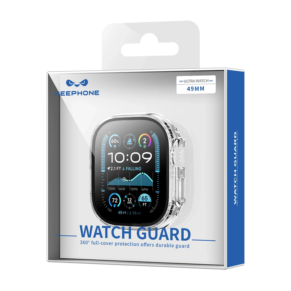 49 mm'lik Ultra saat için şeffaf bir saat koruma kılıfı ambalajında gösteriliyor.