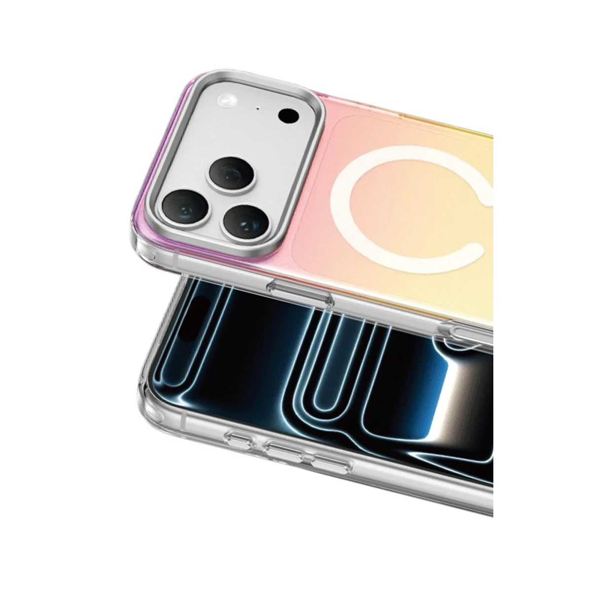 Pembe-sarı geçişli, beyaz 'C' logolu şeffaf bir iPhone kılıfı, mavi parlayan devreleri olan bir telefonu gösteriyor.