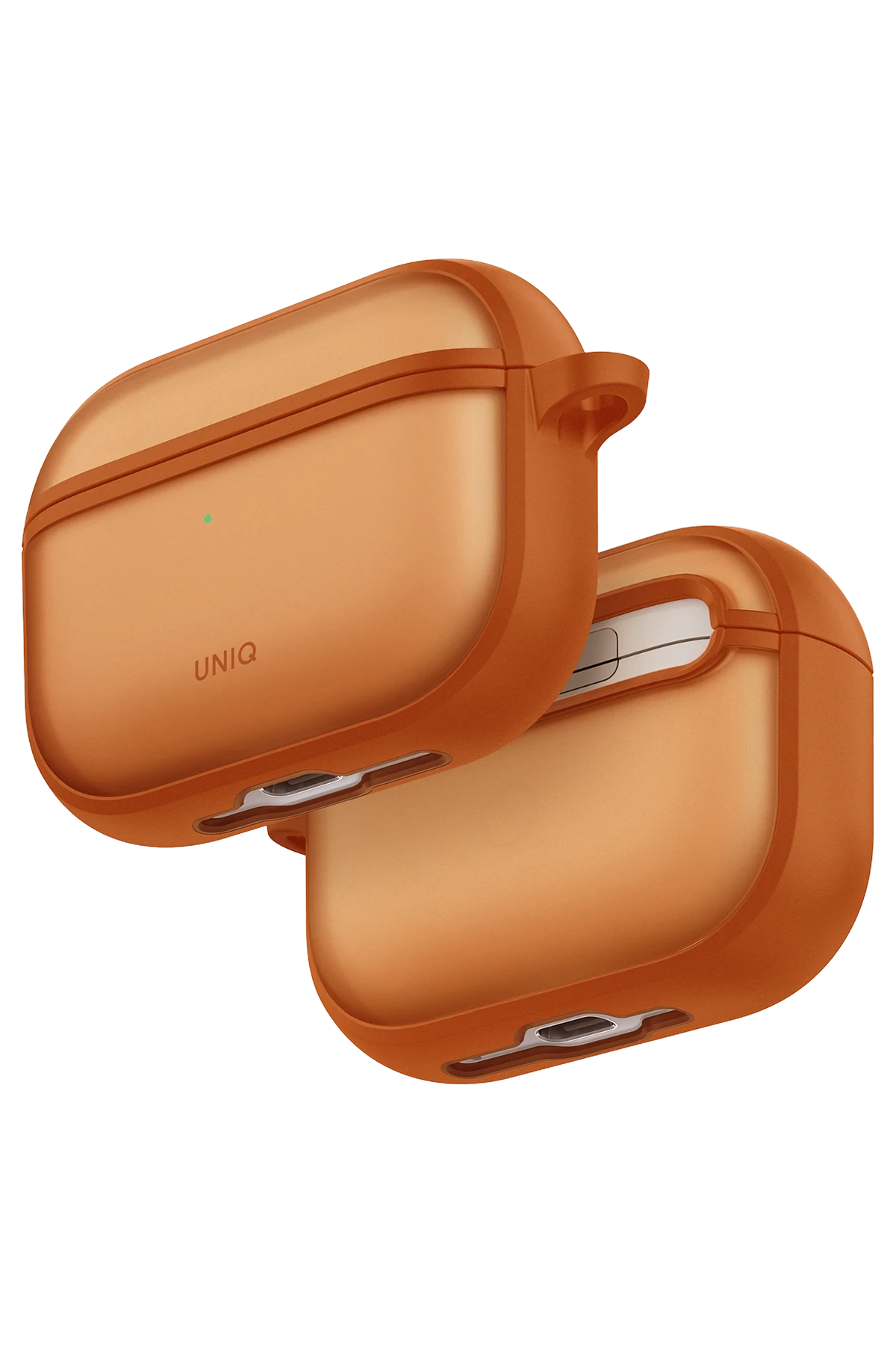 Siyah bir arka plana karşı iki turuncu AirPods kılıfı sergileniyor. Üst kılıfta gösterilen