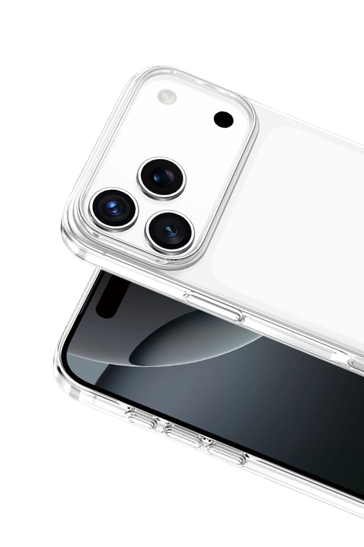 Siyah arka plan üzerinde üç kamera lensli şeffaf telefon kılıfı.