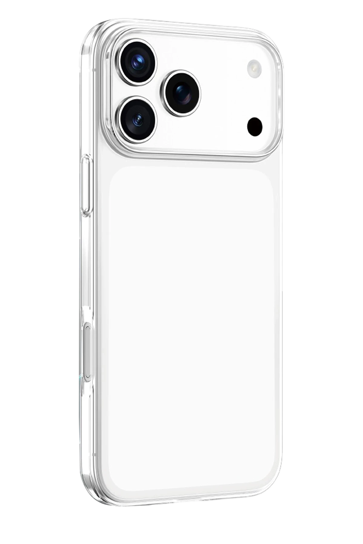 Şeffaf bir iPhone kılıfı arkadan gösteriliyor, beyaz bir telefonda üç kamera lensi ve bir flaş bulunuyor.