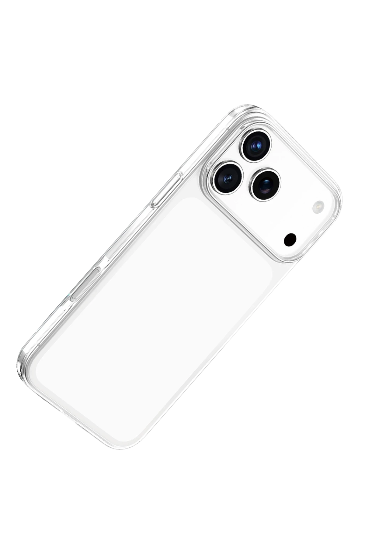 Üç kameralı ve flaşlı şeffaf, saydam bir iPhone kılıfı, siyah bir arka plan üzerinde açılı duruyor.